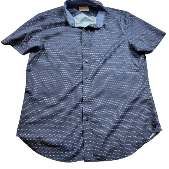Con.struct Shirt Mens Large Slim Blue Polka Dot Button Up 4 Way Stretch Short Sl - Picture 1 of 6